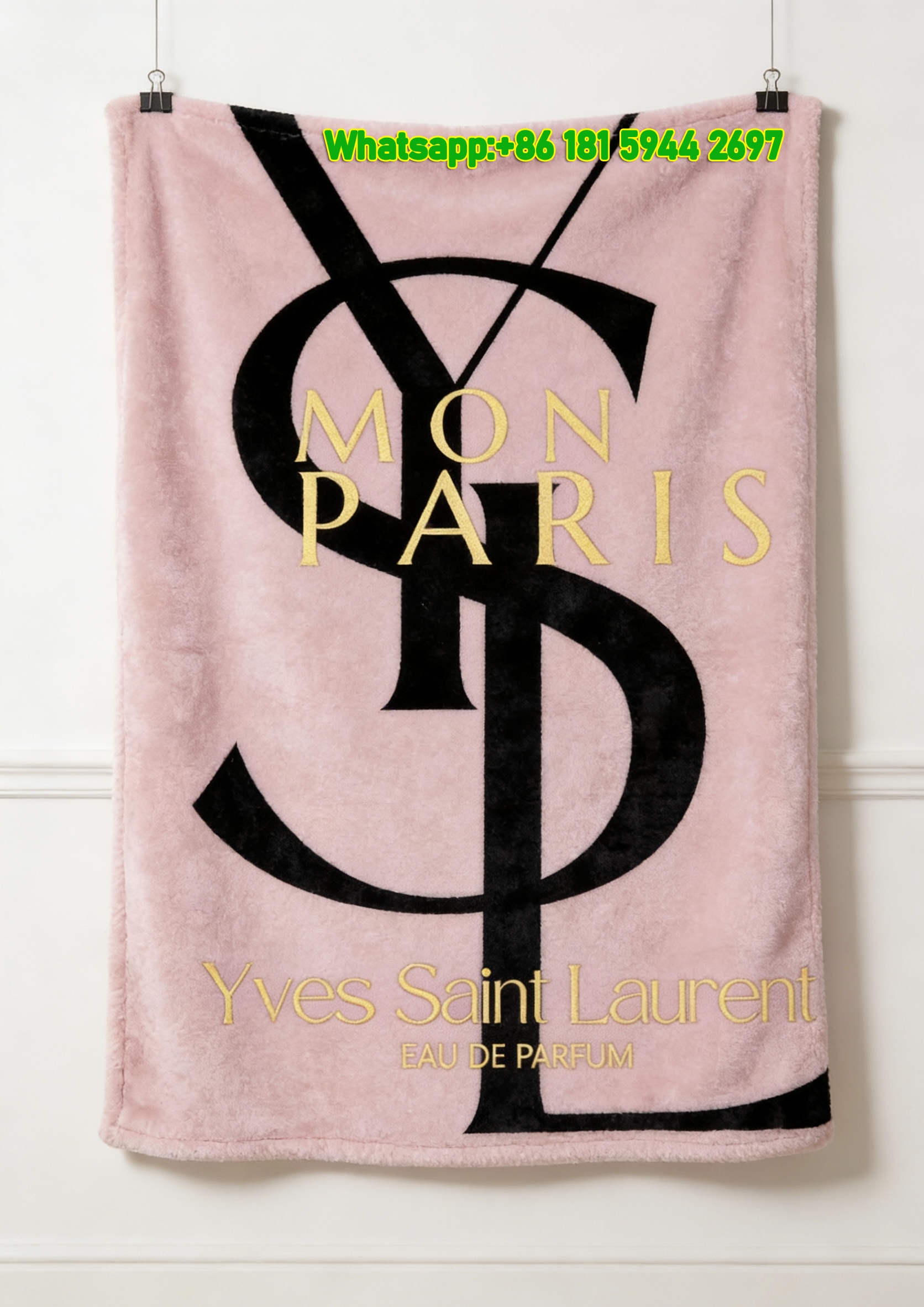 Yves Saint Laurent YSL Blush Pink Mon Paris Logo Print Flannel Sofa Throw Blanket Luxury Parisian Chic Decor Blanket IMG_3239